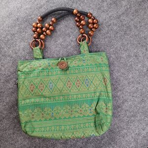 Napada Handmade Boho Bag Fabric Purse Beaded Handle Made in Thailand Green Gold